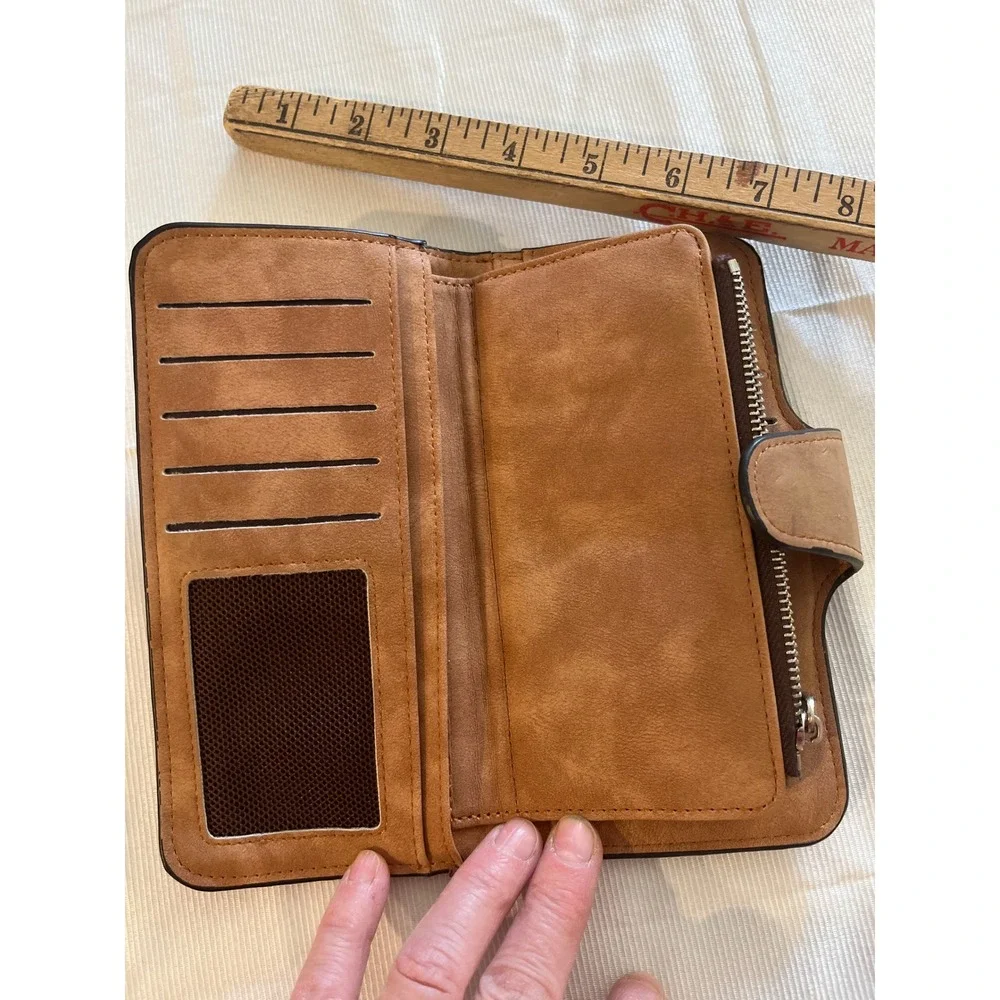 Baellerry Tan‎ Faux Leather Long Bifold Wallet Snap Zip Card Slots ID Window